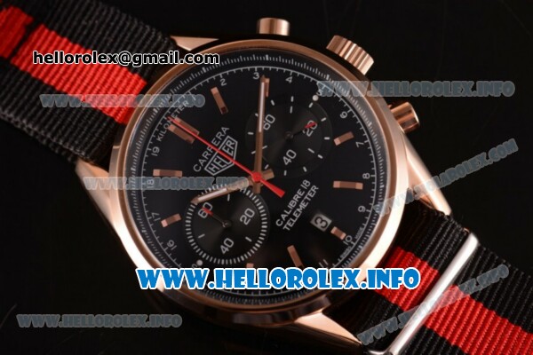 Tag Heuer Carrera Calibre 18 Miyota Quartz Rose Gold Case with Black Dial Stick Markers and Red/Black Nylon Strap - Click Image to Close